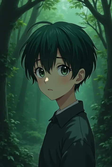 The boy has dark green hair, the shape of an anime girl, the wallpaper is in a dark green forest. It is a milky game.