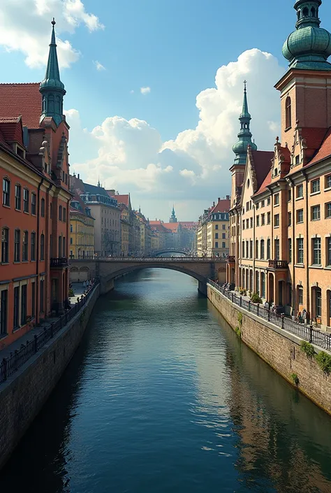 Hyper-realistic, best photo with shiny, colorful details. The best quality of Germany and a famous city in Germany, with bright and beautiful colors, including a bridge. Focus the image on the buildings clearly visible in the foreground.
