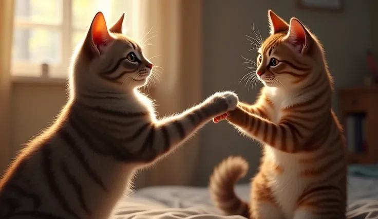 cat gives a paw to a man, as if greeting him photorealistic photo