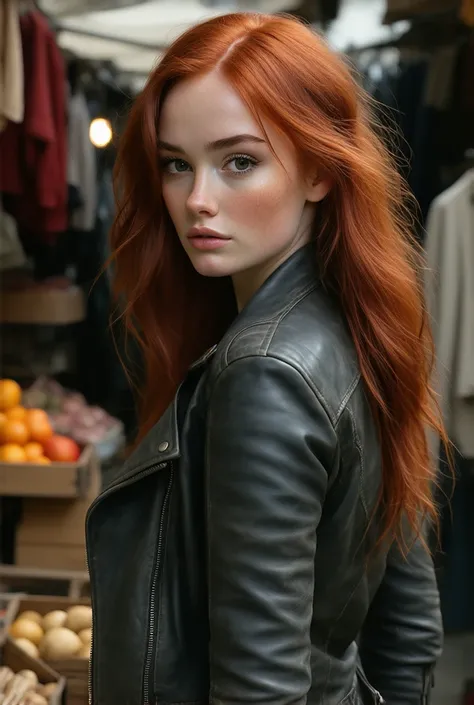 Super Detailed midbody image of Sophie Turner, red wavy hair, fierce look, leather jacket, standing in a turkish marketplace, perfect make-up, looking away from camera, cannon 6d, octane render, striking, expressive look, alluring look, determined look, st...