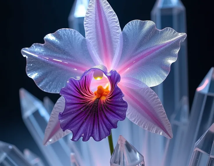 cattleya amethystoglossa,glass,crystal,glowing,intricate glass sculpture,transparent,refraction,iridescent,shimmering,delicate,ethereal,otherworldly,natural lighting,dramatic lighting,cinematic,photorealistic,8k,detailed,hyperrealistic,highly detailed,mast...