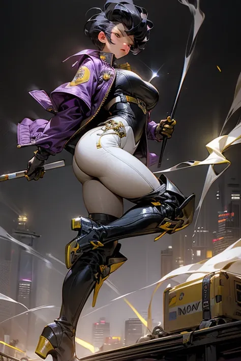 woman、 anatomically correct、Pompadour、 Short Hair 、 Very Big Breasts 、Very big ass、 black hair、 YELLOW RIDERS JACKET、 black inner、YELLOW SHORT BOOTS 、Special baton 、 cigarettes、Night city in the background、 has many purple backgrounds、