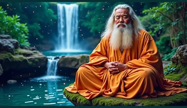 30-year-old Asian middle-aged Taoist elder sitting close up, long white hair, Meditating with eyes closed, is blowing the flute, Has a white beard, Cross-legged meditation, Taoism, wearing long white togas, magic aura, Taoist Master, Taoist, cosmos, in mid...