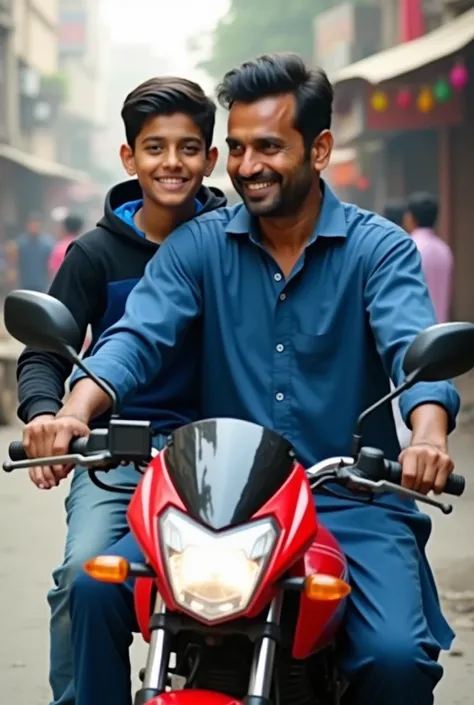 Imagine a man of around 46 years riding a motorbike cd 70 red color in an market he is not wearing helmet he is wearing bule shalwar qameez he has black hair his bike have no rods 
His age is 46 years and his  son is sitting on the backseat of the bike his...