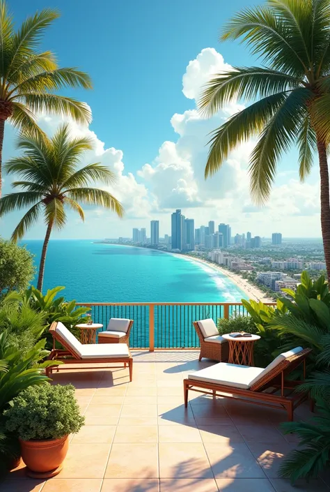 Beautiful day view of Miami on a terrace 