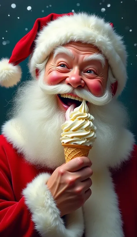 hyper ultra - realistic image of A gleefully indulging Santa Claus, his rosy cheeks contrasting against the white of his beard, taking delight in a melting ice cream cone. This vivid scene, depicted in a hyper-realistic oil painting, captures the whimsical...