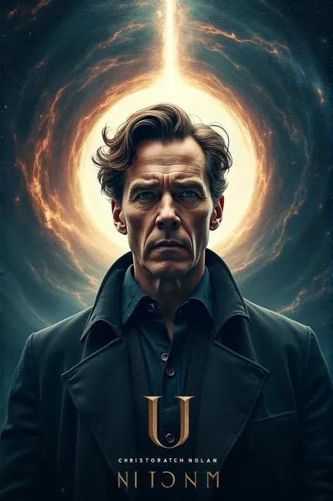 In the middle of the poster, Benedict Cumberbatch, Christopher Nolan below, Reach for the Light at the top, and a silhouette similar to a wormhole in the back.