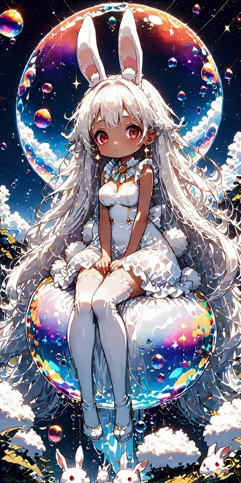 solo,1girl((chibi:1.3),cute,kawaii,(white hair:1.7),(very long hair:1.7),bangs,(ear(fluffy white bunny-ear):1.4),(red eye),big eye,beautiful shiny eye,skin color white,big hairbow,(white frilled dress:1.3),breast,white rabbit tail at hip, (sit on (bubble:1...