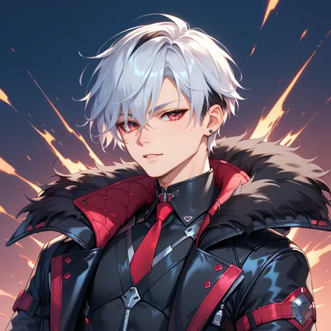  Character with a luxurious overcoat , but simple.  He has short white hair with black highlights. Your dreams are red .  He is in a futuristic setting  