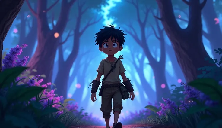 ( Anime-2D ) A young boy named Arbab, aged 15, walks cautiously into a vibrant, magical forest surrounded by towering, bioluminescent trees glowing in blue and purple hues. The boy looks anxious as the dense jungle looms around him. The cinematic angle is ...