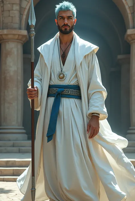 Elegant man,  strong structure , White robe ,  white Arabic pants ,  Nabila light blue blouse, white footwear,  light blue hair ,  Nazra Reza , short hair,  dark blue eyes ,  Mazhar Nabil ,  holds a silver spear , Old castle,  middle frame .