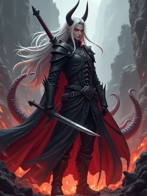 Anime warrior with red eyes and long white hair in a gothic combat costume， strong body，Young and handsome，Turn sideways，There is a flame under your feet，Standing on a battlefield full of swords. Eight thick tentacles grow from under his back，Black demonic...