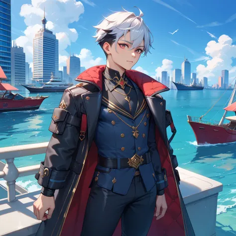  Character with a luxurious overcoat , but simple.  He has short white hair with black highlights. Your dreams are red . It is in a futuristic setting like a ship or a city with buildings 