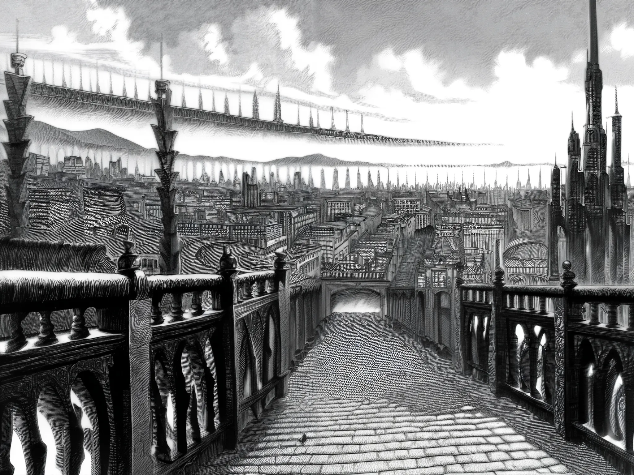 score_9, score_8_up, score_7_up, score_6_up, score_5_up, score_4_up. by Kentaro Miura, cityscape, no people, greyscale, monochrome, detailed hatching, directional hatching, extremely detailed hatching, detailed ink, textured ink, dramatic lighting, harsh l...