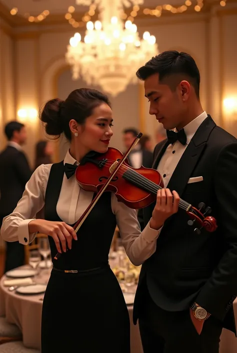 A waitress in a waiter uniform is standing at a rich party and playing the violin next to her is a millionaire 