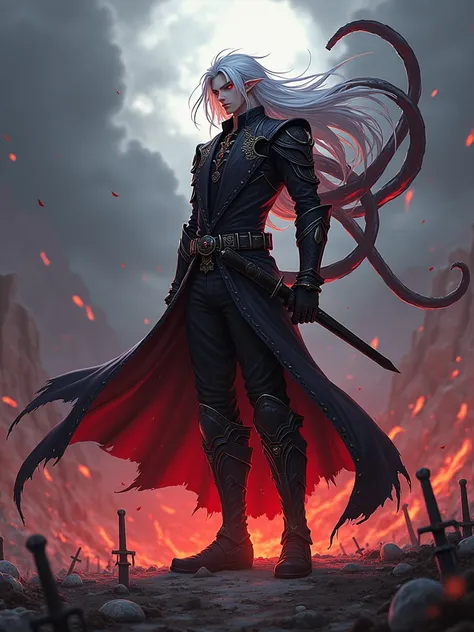 Anime warrior with red eyes and long white hair in a gothic combat costume， strong body，Young and handsome，Turn sideways，There is a flame under your feet，Standing on a battlefield full of swords. Eight thick tentacles grow from under his back，Black demonic...