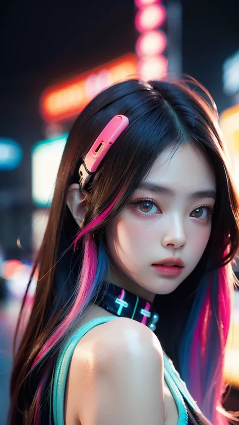 (masterpiece, highest quality, highest quality, Official Art, beautifully, aesthetic:1.2), Portrait Photography, (Cyberpunk fashion beautiful girl 1 person), Big iridescent eyes, Beautiful skin, (Pink and blue long hair with bangs), Very detailed, (Neon co...