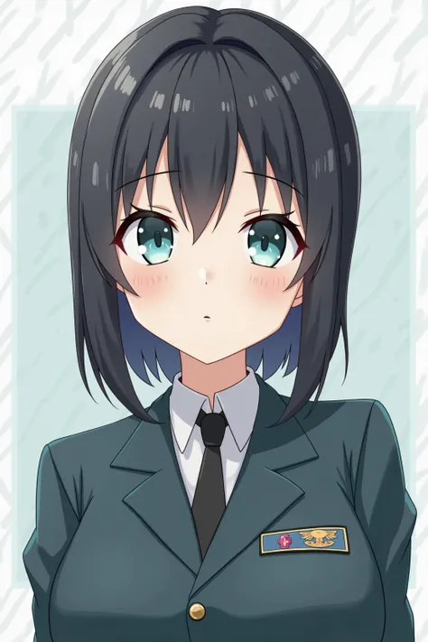  under her eyelids , Wearing French bangs , Aquamarine Eyes,  is wearing a uniform.  Tokyo Revengers anime art style 