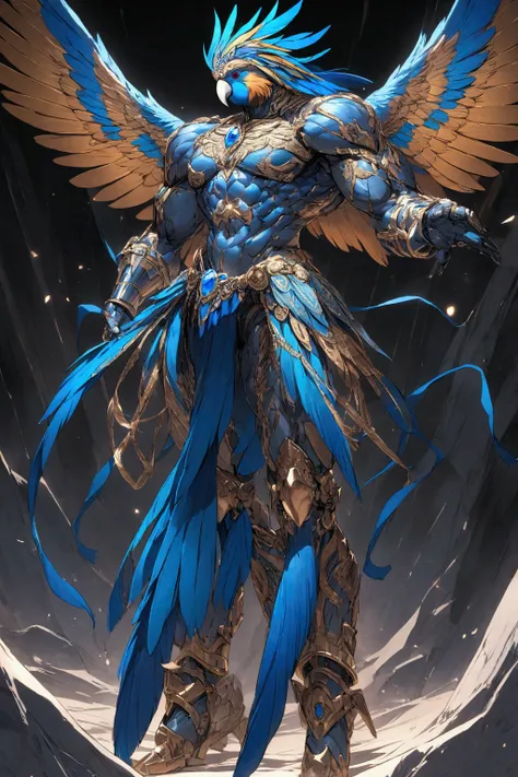  humanoid blue macaw,muscular,without wings, with metallic warrior skirt