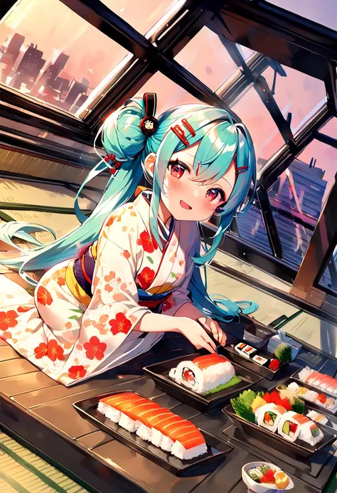 (hatsune miku:1.2), (blush:1.4), (gleaming skin, shiny skin:1.4), (kimono, gorgeous:1.4), (japanese hairpin:1.4), (seiza:1.4), (sushi:1.4), (luxurious penthouse, indoor rooftop sushi restaurant, tatami:1.4),