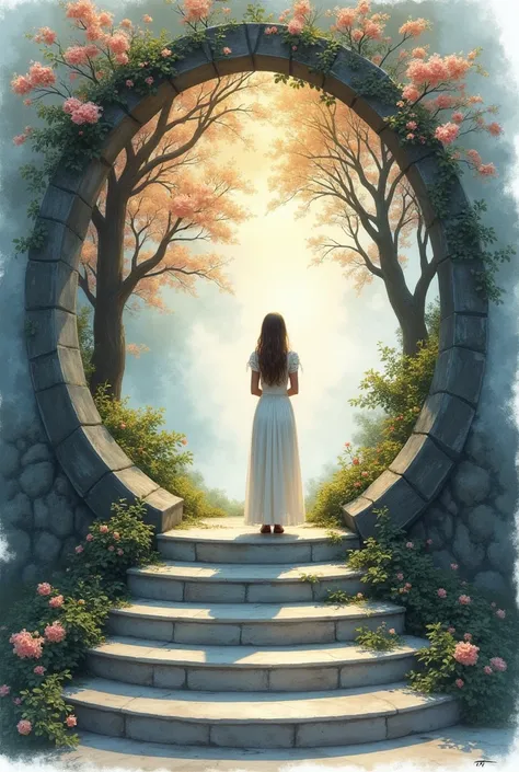 Image of a staircase on a white background leading to a magic staircase inside the portal we see an enchanted place with flowering trees and a magical atmosphere. There is nothing around the portal . On the stairs there is a woman behind 