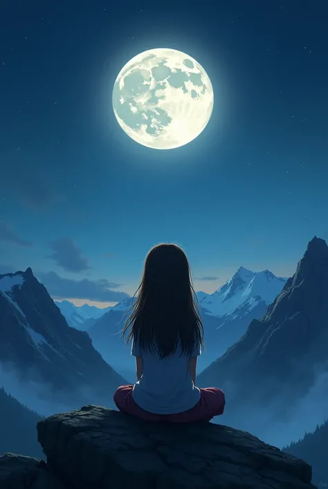 Une petite fille brune de dos assise sur une montage. Elle regarde la lune, grosse et ronde. Il fait nuit 