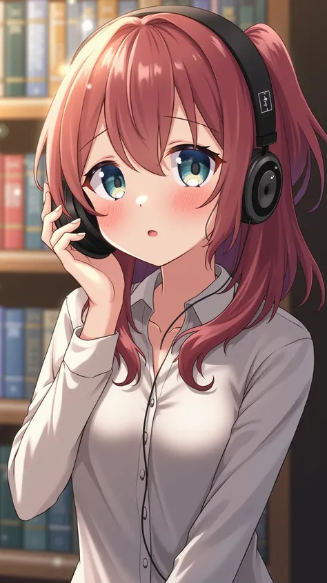 1 female,  listening to music with headphones, Bokeh, Bookshelf Background,  close-up shot, Extremely attractive looking , anime style art , cute girl, blush