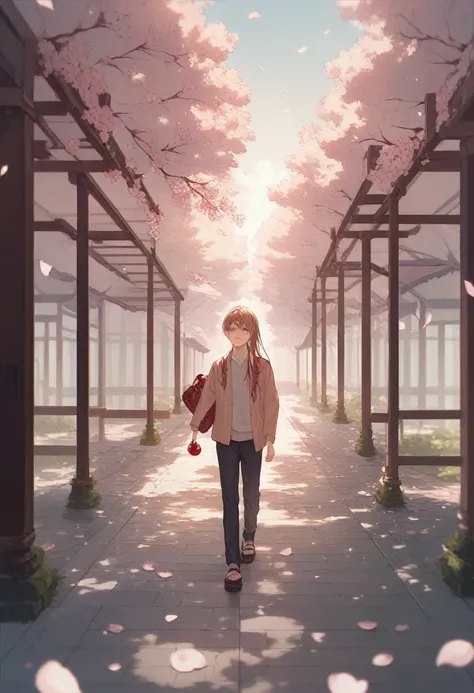 masterpiece, high quality, anime style, soft lighting, cherry blossoms, young man walking alone, brown semi-long hair, gentle eyes, spring atmosphere, college campus, sakura petals falling