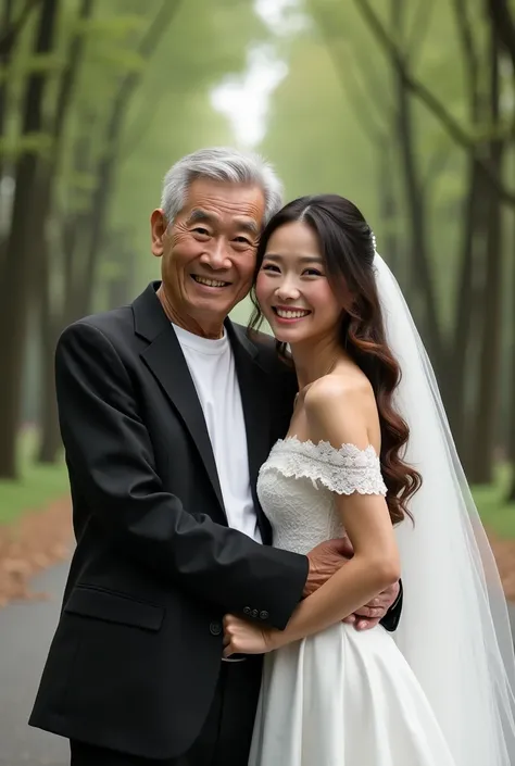 Potrait realistic. Old man face Chinese. Expression happy short gray hair. Wearing black suit, white t-shirt, black trousers. Behind hugging beautiful asian southeast girl. Girl wearing flower lace wedding dress off the-shoulders, bridal veil. Brown wavy l...