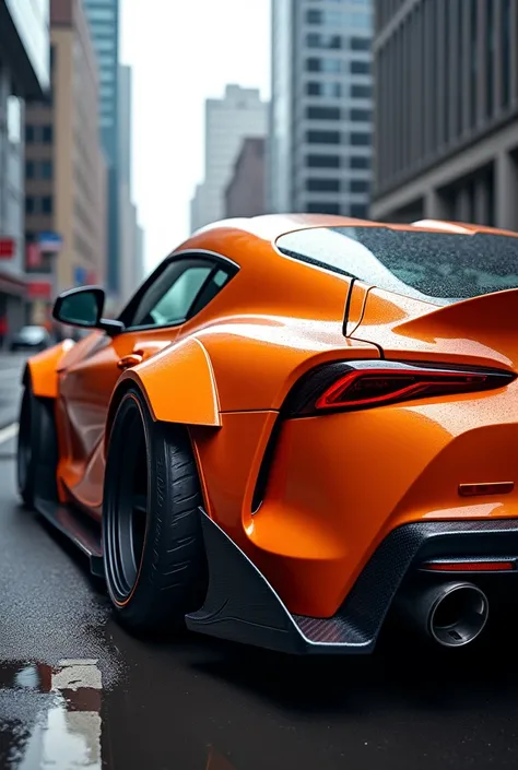 An orange Supra tuned with a bright exhaust
