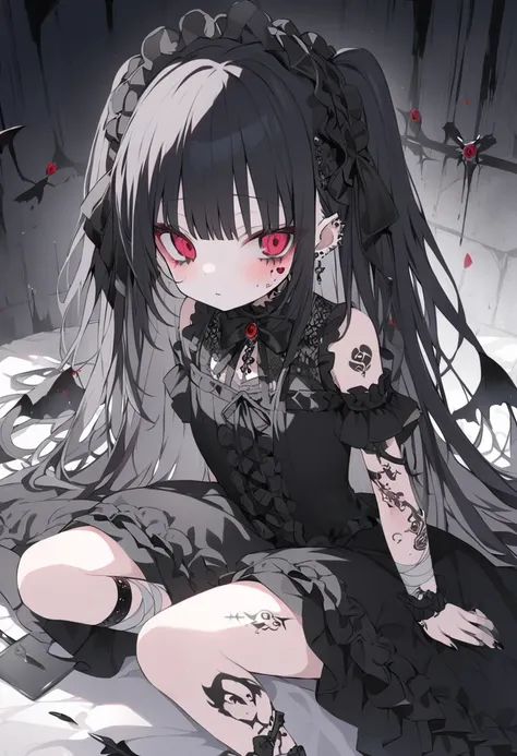  beautiful boys、 s、 smaller、Women、Beautiful person、One person、（ with lots of black tattoos all over her body)++、Knife on foot 、Lots of tattoos on the feet 、 arm bandage、 my face is dark、 yandere、body piercing 、Black Gothic Lolita Dress, Rococo style ruffle...