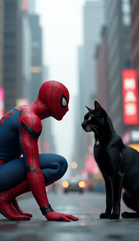 "A heroic scene featuring Spider-Man and a cat positioned together, facing each other in a dynamic pose. Spider-Man is dressed in his classic red and blue suit with webbing patterns, crouching in a ready stance, his hands outstretched as if preparing to sw...