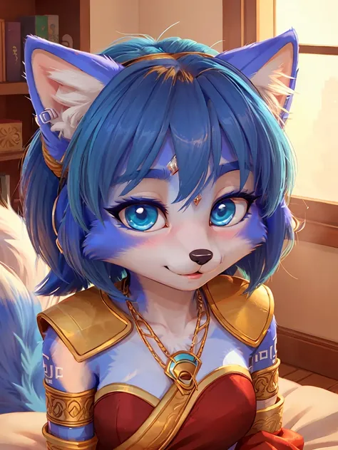 a picture of ((krystal)), Star Fox-Krystal, lovable, green eyes, ((( long blue hair 1 .3))), Decollete, anthro, Fuzzy,  detailed Fluffys fell,  detailed face , (Fluffy), Alone,  dressed as a nerdy girl . She is shy,  while she is trying ,  to flirt with th...