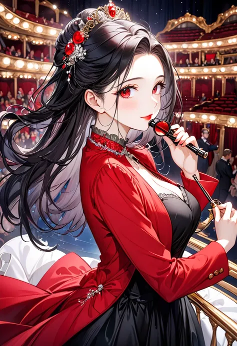 (delicate and beautiful), (Spectacular views illustration), (in a outer is red Elegant Jacket, in a best Elegant black princess dress, hand holding a Opera Glasses Grip, break, (solo, age 18) ((perfect parted center slicked-back look)) (vivid black delicat...