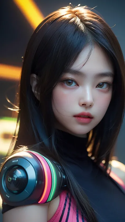 (masterpiece, highest quality, highest quality, Official Art, beautifully, aesthetic:1.2), Portrait Photography, (Cyberpunk fashion beautiful girl 1 person), Big iridescent eyes, Beautiful skin, (Pink and blue long hair with bangs), Very detailed, (Neon co...