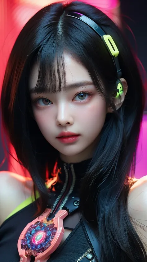 (masterpiece, highest quality, highest quality, Official Art, beautifully, aesthetic:1.2), Portrait Photography, (Cyberpunk fashion beautiful girl 1 person), Big iridescent eyes, Beautiful skin, (Pink and blue long hair with bangs), Very detailed, (Neon co...