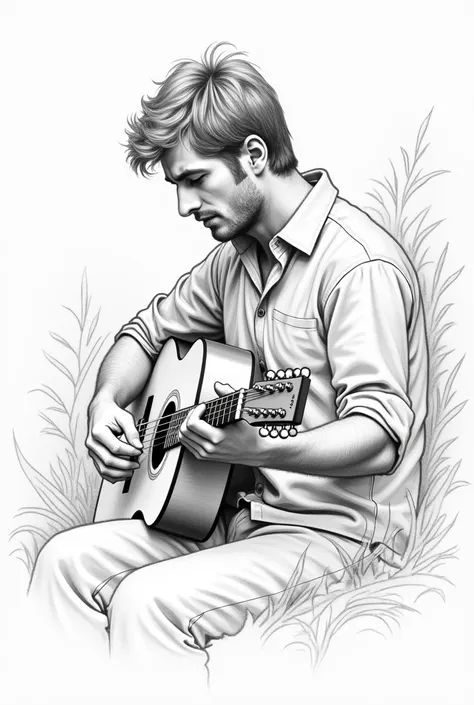 A sinple sketch of man playing  playing guitar  dont use colors make only from pencil only half body 
And sitting at nature side 