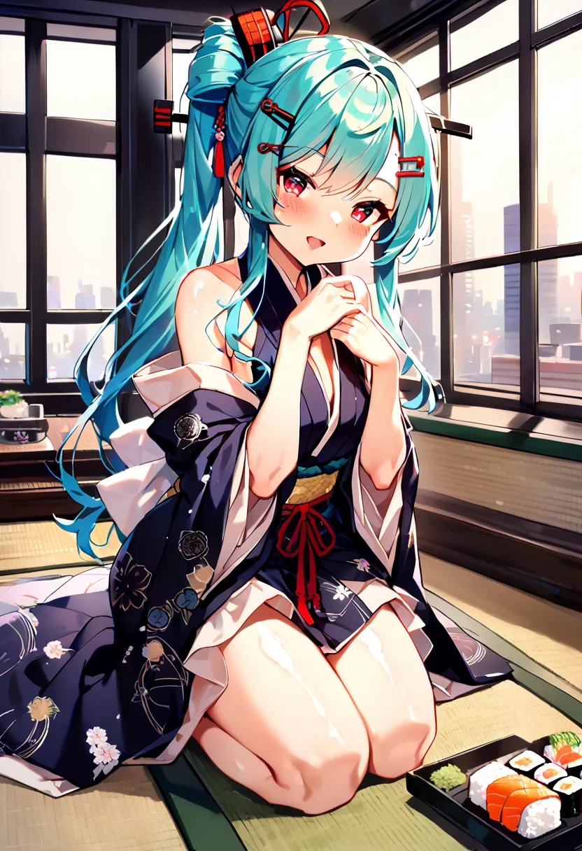 (hatsune miku:1.2), (blush:1.4), (gleaming skin, shiny skin:1.4), (virgin killer kimono, gorgeous:1.4), (japanese hairpin:1.4), ...