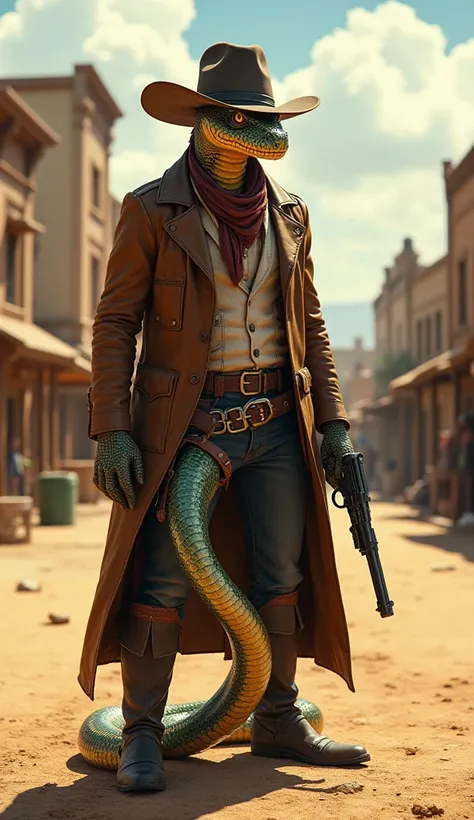 "Design a high-detail digital artwork of a Wild West gunslinger-rattlesnake hybrid, blending the rugged grit of a sharpshooting cowboy with the deadly precision of a rattlesnake. This hybrid figure stands in a dusty town square under the blazing noon sun, ...