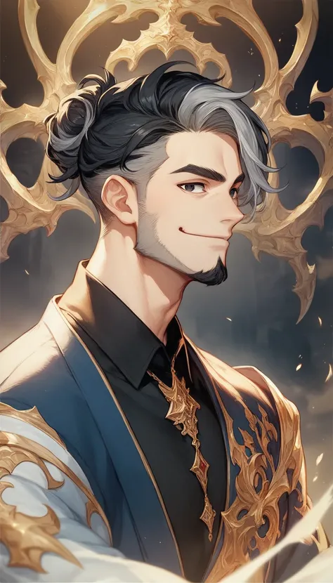 a tall slender young man with dark black hair and grey highlights, his hair is tied in a manbun and shaved trimmed on sides, sharp angular face, fancy medium length beard, black eyes, wearing wizard robe and undershirt, happy expression (official art, fant...