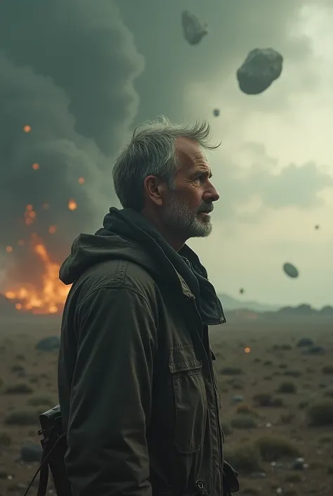 A photo that nobody can dislike,attentive picture of last man on earth would look like,chaos background ,taking last breath of human kind,sky full of asteroid 