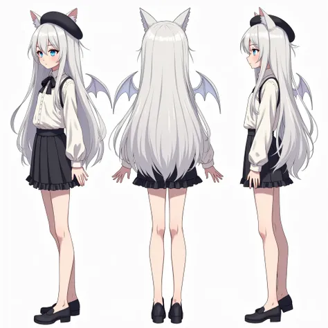  create the image of a girl with long messy white hair , de oculos,  with very subtle white bat wings small on the back,  she has blue eyes ,  a black beret on the head , A blouse I hope to fit , short skirt with black ruffles , white cat ears ,  short whi...