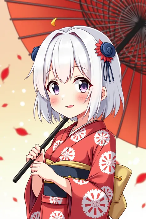  anime illustration icon , Cute white hair, sister,  red heart sticker on right cheek, kimono, Japanese umbrella background ,  fall leaves for vaginal discharge, Lots of fireworks,   knight 