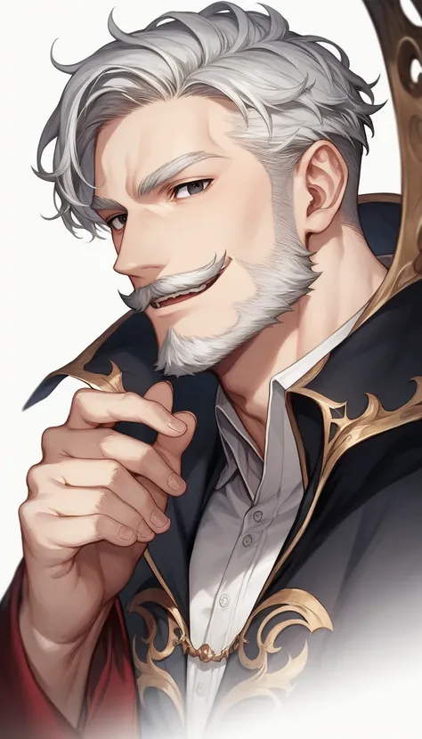 a tall slender young man with white hair and grey highlights, his hair is tied in a manbun and shaved trimmed on sides, sharp angular face, fancy medium length beard and moustache, black eyes, wearing wizard robe and undershirt, happy expression (official ...