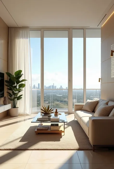 In one of a luxurious modern house in Miami, a modern living room with a plain beige white sofa, a glass table, modern decorations, beautiful and in the background you can see windows that show a beautiful view of Miami, lots of sunlight. 