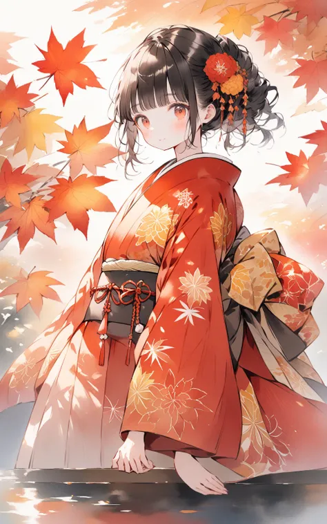 Japanese style：Girl enjoying autumn in a garden of autumn leaves
Prompt:
"A beautiful watercolor-style illustration of a young girl in a traditional kimono sitting by a koi pond in an autumn garden. Her kimono features intricate maple leaf patterns in shad...