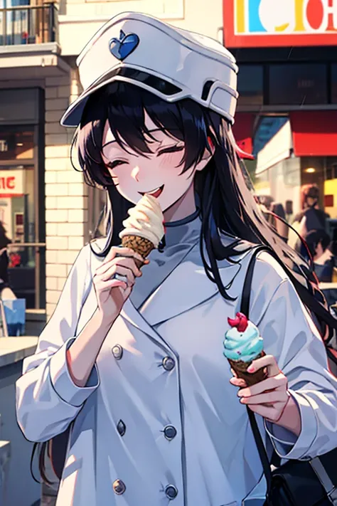 masterpiece,Black Hair,Black Eye,White Hat,  long hair , Perfect Hand ,smile,Date,Around town,Eat ice cream, close your eyes ,