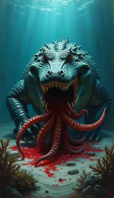 "Painting a scene in the deep sea, the weak light from the water surface shines down, creating a mysterious and gloomy scene. In the center of the photo is a large crocodile with rough scales and sharp eyes. Its bloody teeth are tightly clamped on the soft...