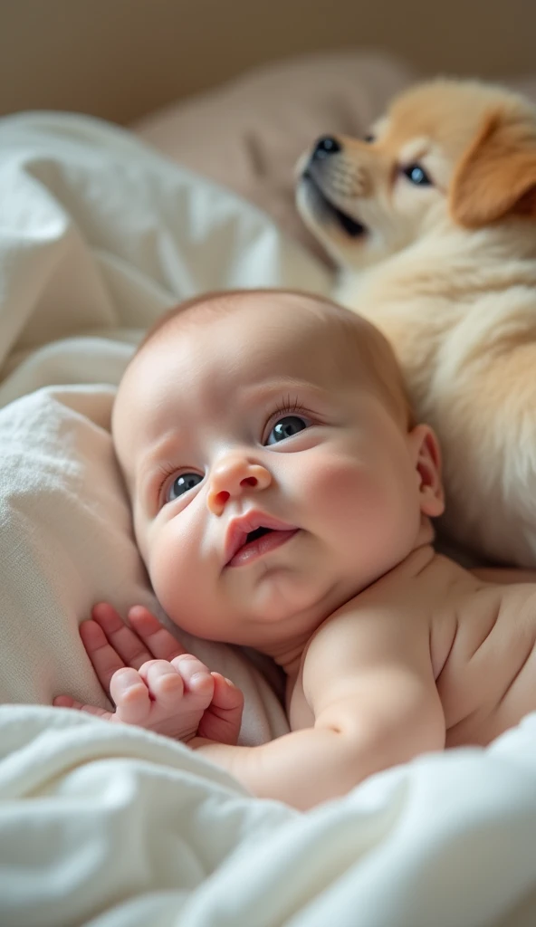 A newborn baby lies peacefully on a soft, cozy bed covered with pastel-colored sheets and a light blanket. Beside the baby rests a small puppy, its fluffy fur glowing softly under warm ambient lighting. The puppy gazes upward toward the camera with bright,...