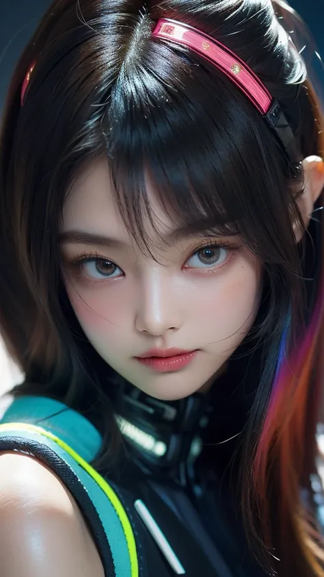 (masterpiece, highest quality, highest quality, Official Art, beautifully, aesthetic:1.2), Portrait Photography, (Cyberpunk fashion beautiful girl 1 person), Big iridescent eyes, Beautiful skin, (Pink and blue long hair with bangs), Very detailed, (Neon co...